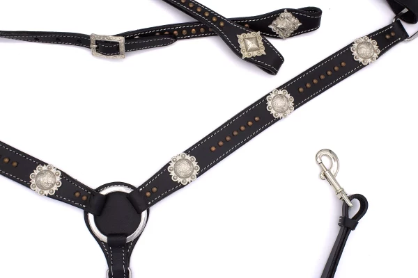 Westernový černý set Conchos uzdečka s otěžemi + poprsník